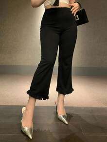 Dazy Plus Slim Fit Cropped Flare Leggings Casual Pants With Patchwork Frill Trim Elegant Long Pants - Black - View 4