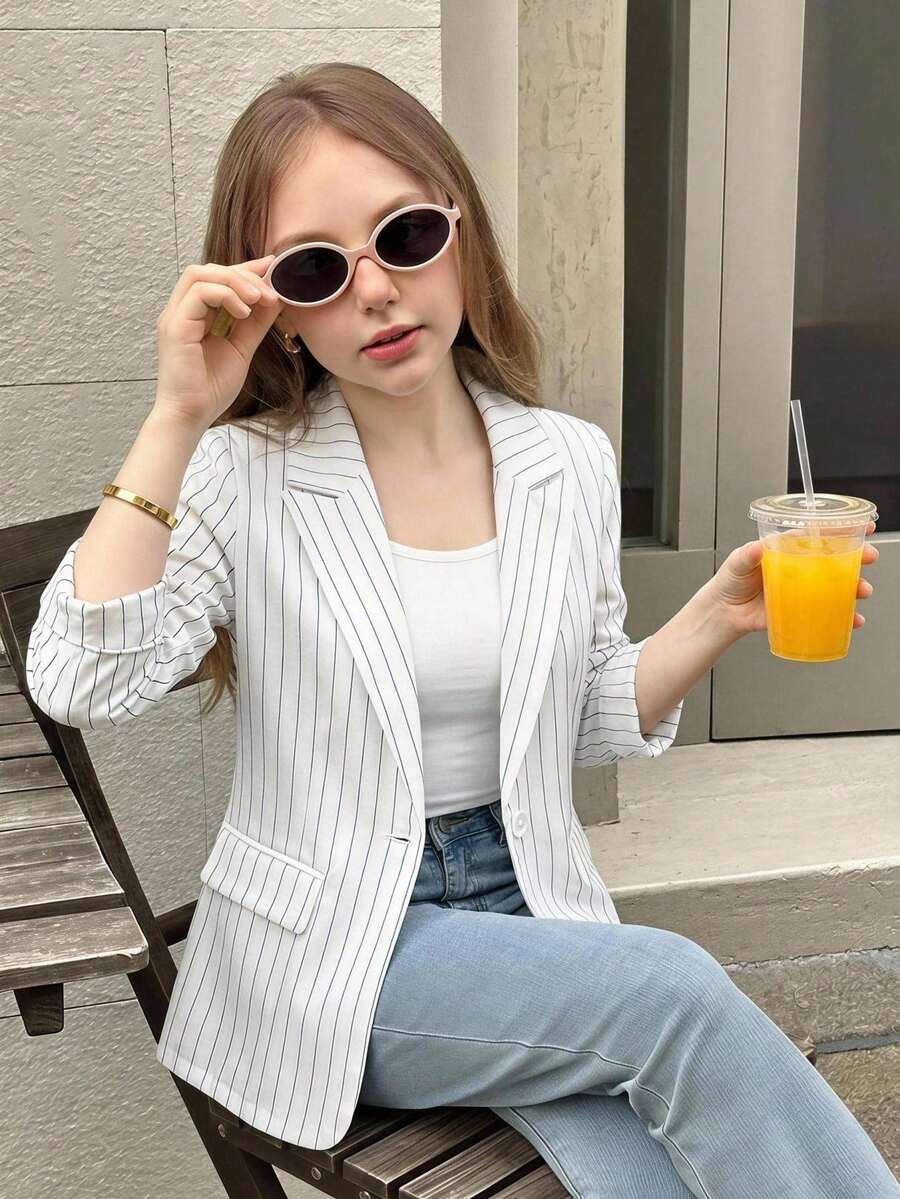 SHEIN 兒童青少年女孩優雅休閒條紋秋季外套,黑白條紋長袖西裝外套,適合日常穿著,返校穿搭 - 白色 - 查看 1