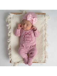 SHEIN Newborn Baby Boy/Girl Baby Girl 1pc Fall Outfits Long Sleeve Round Neck Bow Letter Embroidery Jumpsuit - Pink - View 5