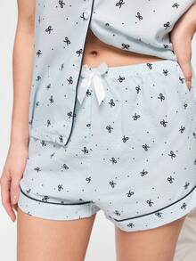 Bonmuse Conjunto de Pijama com Estampa de Laço, Manga Curta e Shorts para Mulheres - Azul bebê - Visão 7