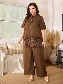 Lacomfia Minimalist Casual Solid Color Short Sleeve Hem Lace Trim Regular Fit Plus Size Shirt And Solid Color Elastic Waist Wide Leg Pants Spring/Summer Plus Size 2-Piece Set - Brown - View 4