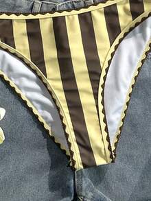 Swim Vcay 女款兩件式泳衣套裝，條紋印花與純色拼接，掛脖繫帶，露背，貝殼設計，夏季度假海灘 - 彩色 - 查看 3