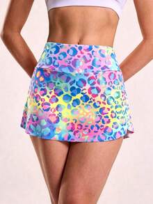 SHEIN Core Rhythm 女款豹紋裙褲，附口袋，適合日常健身與運動 - 彩色 - 查看 2