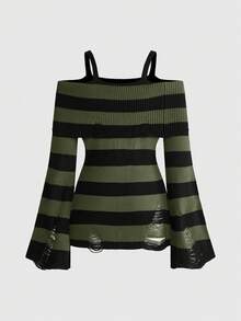 ROMWE Goth 時尚暗黑龐克做舊設計收腰露肩領口黑灰條紋針織衫 - 軍綠色 - 查看 2
