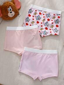 TOM & JERRY X SHEIN Calzoncillos tipo boyshorts casuales cómodos y lindos con estampado de dibujos animados y bloques de color para niña joven - Rosa Pálido - Ver 2