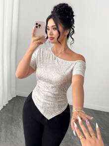 Elenzga Camiseta de mujer talla grande con estampado de encaje, tela de punto, dobladillo asimétrico, cuello asimétrico, manga corta, cintura ceñida, corte A, casual, elegante, cómoda, de moda para uso diario, hogar, vacaciones en la playa, fiesta romántica, cita, invitada a boda, trabajo, versátil, beige blanco - Multicolor - Ver 5