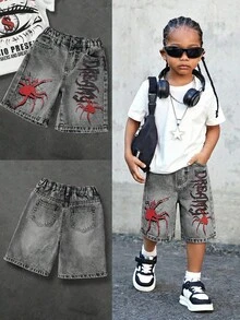 SHEIN Pantalones cortos de mezclilla casuales para niños y jóvenes con bolsillos, botones y estampado de araña con letras - Lavado ligero - Ver 8