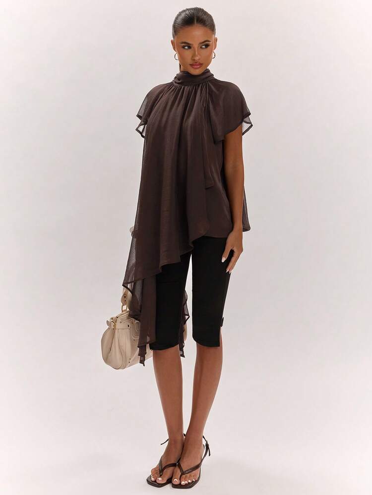 SHEIN BAE Women's Asymmetrical Hem Batwing Sleeve Casual Top - Brown - View 1