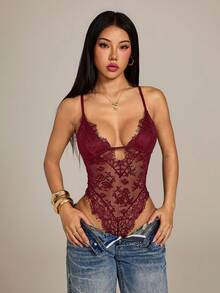 SHEIN PETITE 女款黑色蕾絲飾邊性感百搭透視連身衣，適合夏季 - 酒紅色 - 查看 5