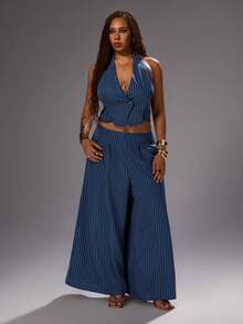 Rustia Plus Size Women's Striped 2 Pieces Set, Blue And White Striped Vest And Wide Leg Pants, Casual Sexy Commute Fashion Going Out Vacation Summer - Blue - View 3