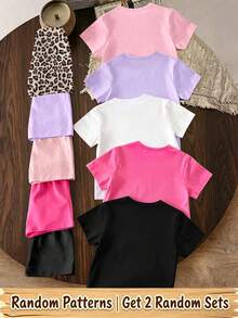 (Patrón aleatorio, 2 sets aleatorios) Conjunto de camiseta corta básica y pantalones cortos para niñas, diseño creativo fresco de verano con estampado floral colorido, corazón hueco y estampado de leopardo, cómodo para uso diario - Multicolor - Ver 2