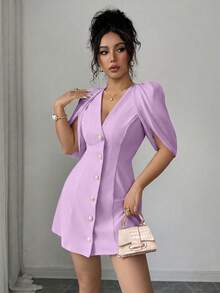 SHEIN Clasi 拼接布料V領A字裙優雅浪漫女款洋裝 - 淡紫色 - 查看 3