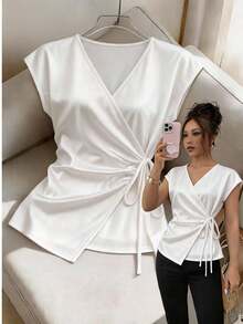 Franclia Plus Size Women's French Casual Elegant V-Neck Short Sleeve T-Shirt Wedding Guest White Summer - White - View 2