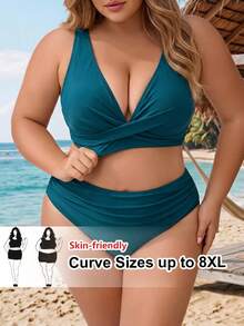 SHEIN CURVE+ Plus Size Women Summer Beach Solid Color Ruched Sexy Bikini Top And Triangle Bottom Two-Piece Swimwear Set - Blue - View 1