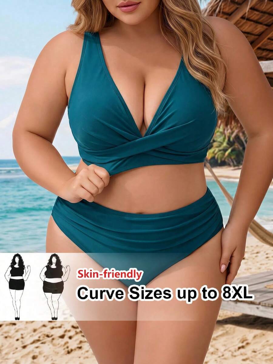 SHEIN CURVE+ Plus Size Women Summer Beach Solid Color Ruched Sexy Bikini Top And Triangle Bottom Two-Piece Swimwear Set - Blue - View 1