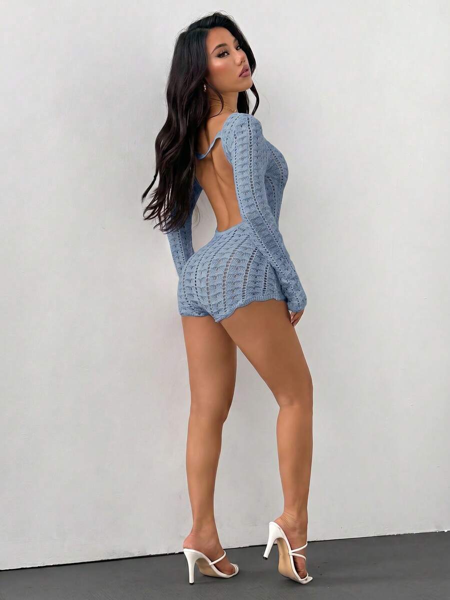 SHEIN PETITE Women's Sexy Solid Color Hollow Out Backless Knitted Romper In Fall/Winter - Blue - View 1