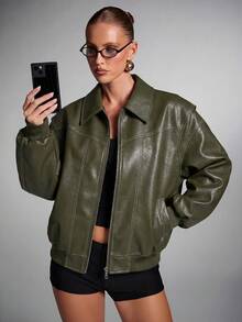 SHEIN x Tata & Beatriz SHEIN BAE Women's Solid Color PU Leather Long Sleeve Zipper Front Jacket - Army Green - View 1