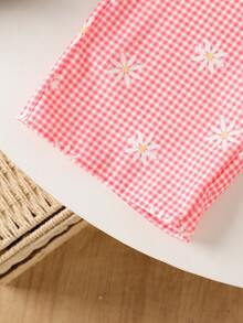SHEIN Elladie kids 女童新款清新田園風精緻碎花兩件套，棕色蝴蝶結裝飾無袖背心上衣 + 同款碎花寬腿長褲，甜美可愛時尚日常穿搭，夏季 - 粉色 - 查看 6