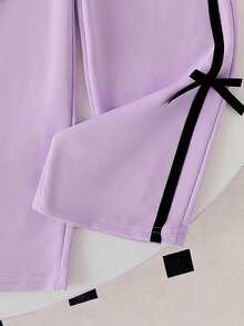 Genkimix Kids Girls' Contrast Color Webbing Bowknot Exquisite Design Pearl Round Neck Sweatshirt With Pockets Straight Leg Pants Set, Autumn School Baby Birthday - Purple - View 4