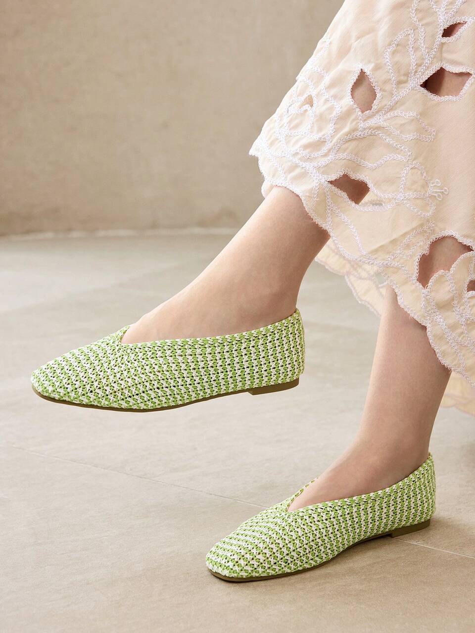 WOMEN LIGHT GREEN HOLLOW OUT SQUARE TOE FLATS SPRING SHOES