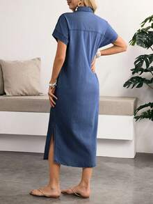 Sunnyshic Plus Size Single-Breasted Fashion Versatile Side Slit Denim Dress - Blue - View 2