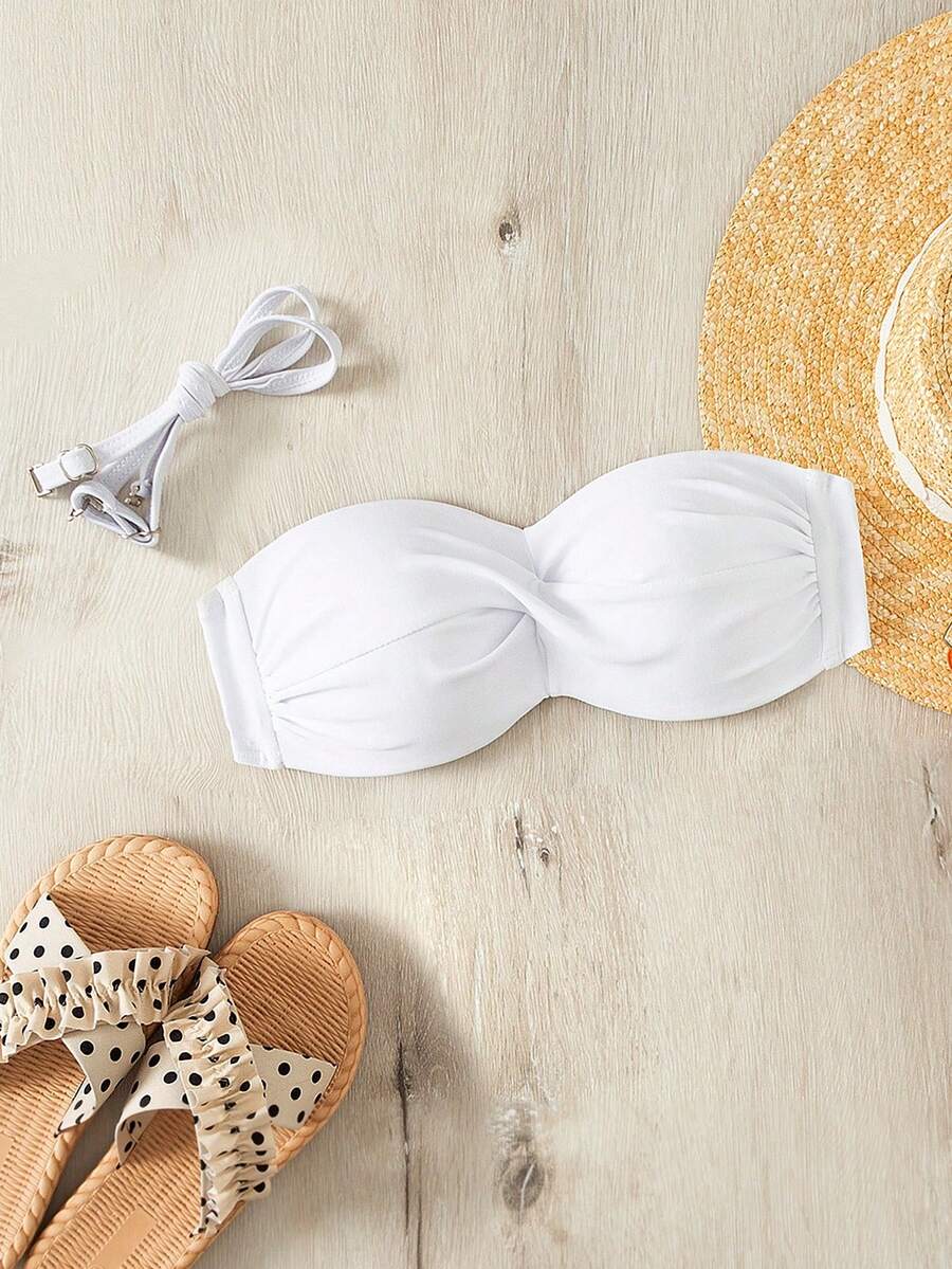 Swim Basics 女款純色聚攏胸托式平口比基尼上衣,春夏海灘與游泳度假適用 - 白色 - 查看 1