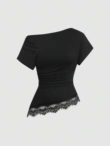 Sweetra Women's Black Casual Minimalist Asymmetrical Shoulder Ruched Waist Slim Fit Lace Patchwork Short Sleeve T-Shirt & Comfortable Versatile Drape Straight Leg Wide Leg Long Pants 2-Piece Set - Black - View 8
