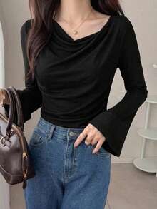 DAZY Women's Solid Color Cowl Neck Flare Sleeve Fashion T-Shirt Fall - Black - View 1