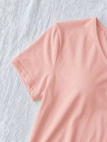 SHEIN Tween Girl Tween Girls Pink V-Neck Ruched Chest Lace Patchwork Short Sleeve T-Shirt - Pink - View 4
