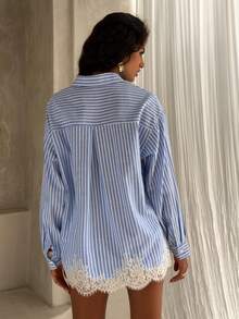 Opulessa Casual Woven Striped Loose Shirt & Shorts Women's 2 Pieces Set - Blue - View 3