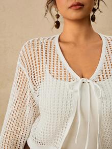 Travachic Plus Size French Vacation Hollow Out Tie-Front Long Sleeve Knit Cardigan - White - View 4