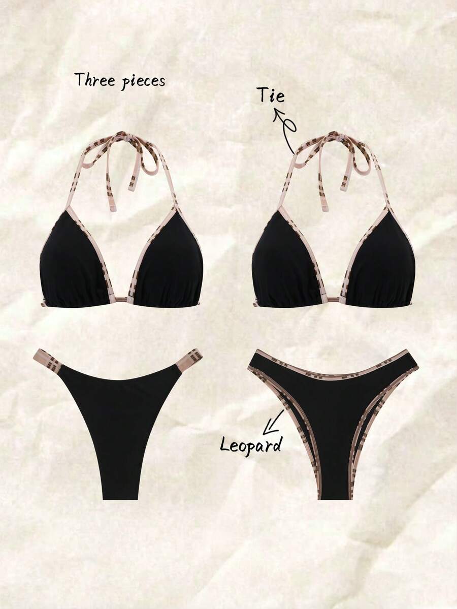 Elavelle Solid Color 3 PiecesBikini Set Women's Swimwear For Hot Spring Vacation - Black - View 1