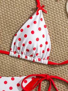 Swim Mod Women's New Polka Dot Print Bow Tie V-Neck Halter Backless Triangle Top And Bottoms 3-Piece Bikini Swimwear Set, Spring/Summer - White - View 6