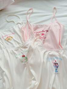 Slumberry CURVE Plus Size Women Sweet Cute Lace Camisole Dessert Ice Cream Cookie Print Knit Pajama Top 4pcs Set - Multicolor - View 3
