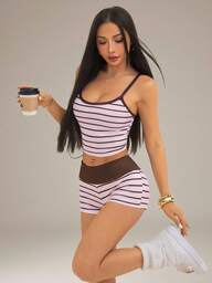 SHEIN PETITE Women's Striped Print Sleeveless Tank Top And Shorts 2 Pieces Set, Summer,Vacation Outfits Women