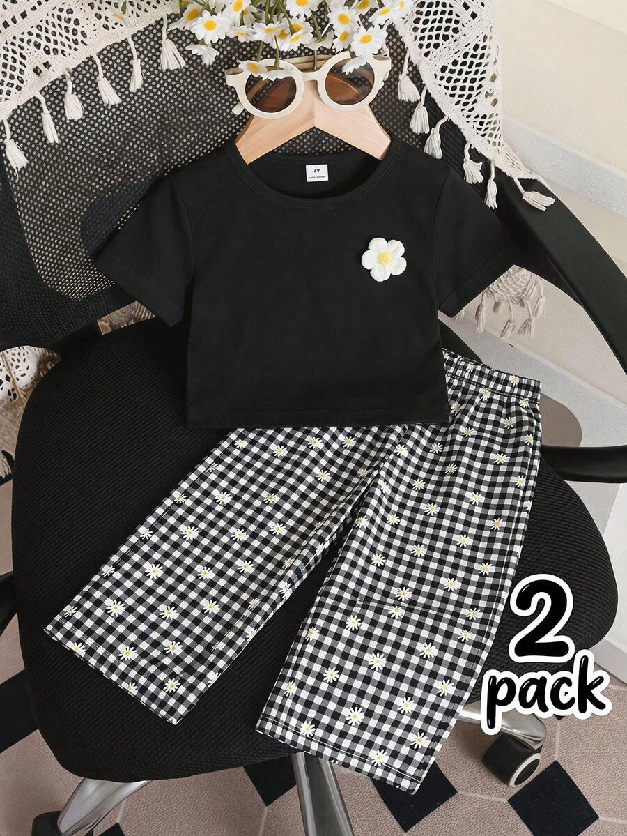 Genkimix Kids 2件組女童小女孩雛菊花卉格紋短袖寬腿軟綿套裝,黑色上衣與長褲,夏季休閒度假穿著 - 黑色 - 查看 1