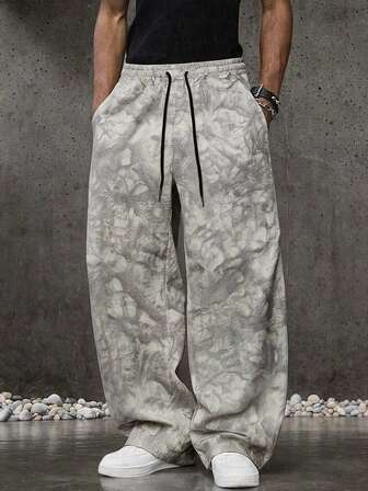 Street Life Pantaloni lunghi casual ampi da uomo con stampa a foglie, tasche e vita con coulisse