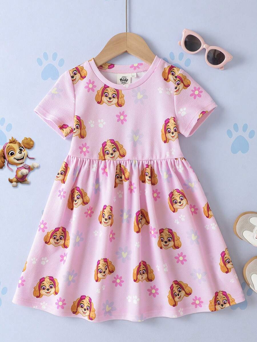 SHEIN | PAW Patrol 少女卡通印花短袖可愛洋裝 - 粉色 - 查看 1