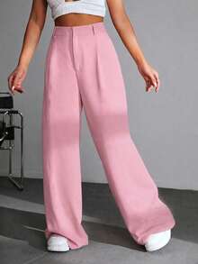 SHEIN EZwear 休閒百搭 100% 純棉粉色高腰寬腿褲，適合校園穿搭、全方位休閒穿著、派對與音樂節穿著、畢業季、開學季、度假季、都市上班穿著 - 粉色 - 查看 4