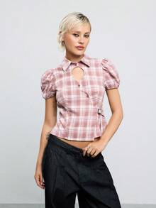 COUREZ Tie Side Puff Sleeve Shirt With Front Cut Out In Pink Check / Y2K Autumn Clothes Summer Outfits For Women Going Out Outfits Fall Shirts Going Out Top - Multicolor - View 6