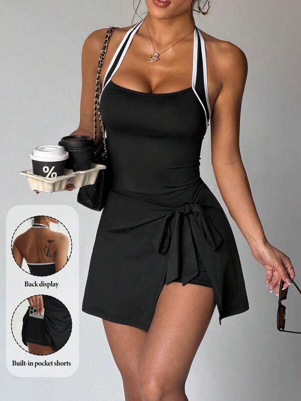 Gameset SHEIN Sport Women's Black Summer Casual Tennis Dress,Colorblock Racerback Hollow Out Front Tie Dress With Shorts Pockets,White Strap For Gym,Running,Yoga,Golf
