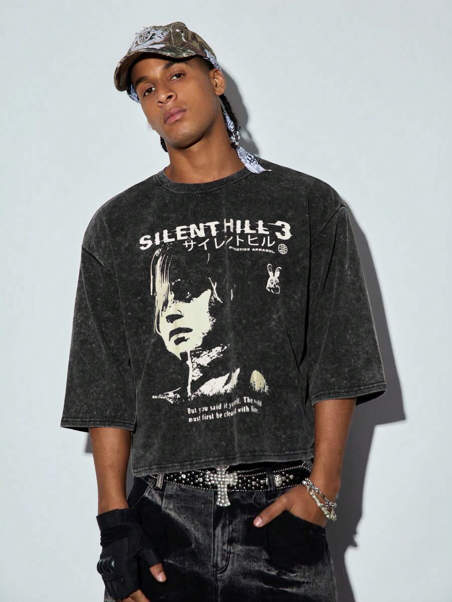 Modcrash Camiseta cuadrada y corta de verano con gráfico de póster vintage para hombres, de uso casual diario, de algodón lavado negro y elástico - Negro - Ver 1