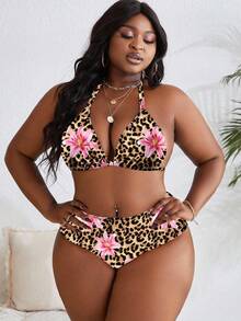 Slaydiva 4pcs/Set Plus Size Random Print Halter Neck Split Swimsuit Set For Summer Beach Vacation - Multicolor - View 5