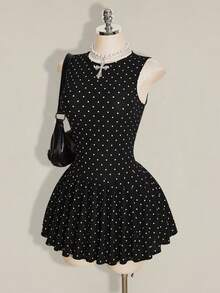 SHEIN ICON 女款夏季休閒復古可愛黑白波點印花無袖迷你洋裝，適合派對、夜出與日常穿著 - 黑色 - 查看 4
