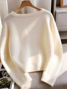 GlowEve CURVE Plus Size Casual Round Neck Decorative Button Long Sleeve Pullover Sweater - Apricot - View 2