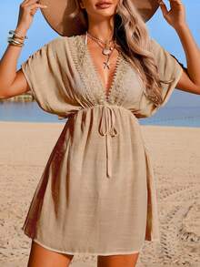 SHEIN Swim Women's Spring/Summer Beach Outfit, Bamboo Fabric Patchwork Lace V-Neck Cinched Waist Backless Tie Short Sleeve Vacation Dress A-Line Cover-Up - Khaki - View 2