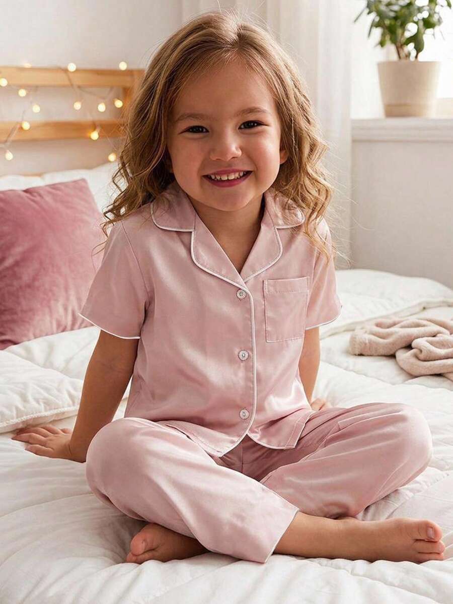 Maija Kids Maija Kids 2件套儿童/少女休闲简约白色滚边装饰粉色领纽扣短袖宽松舒适梭织睡衣套装,适合春季、夏季及所有季节 - 粉色 - 查看 1
