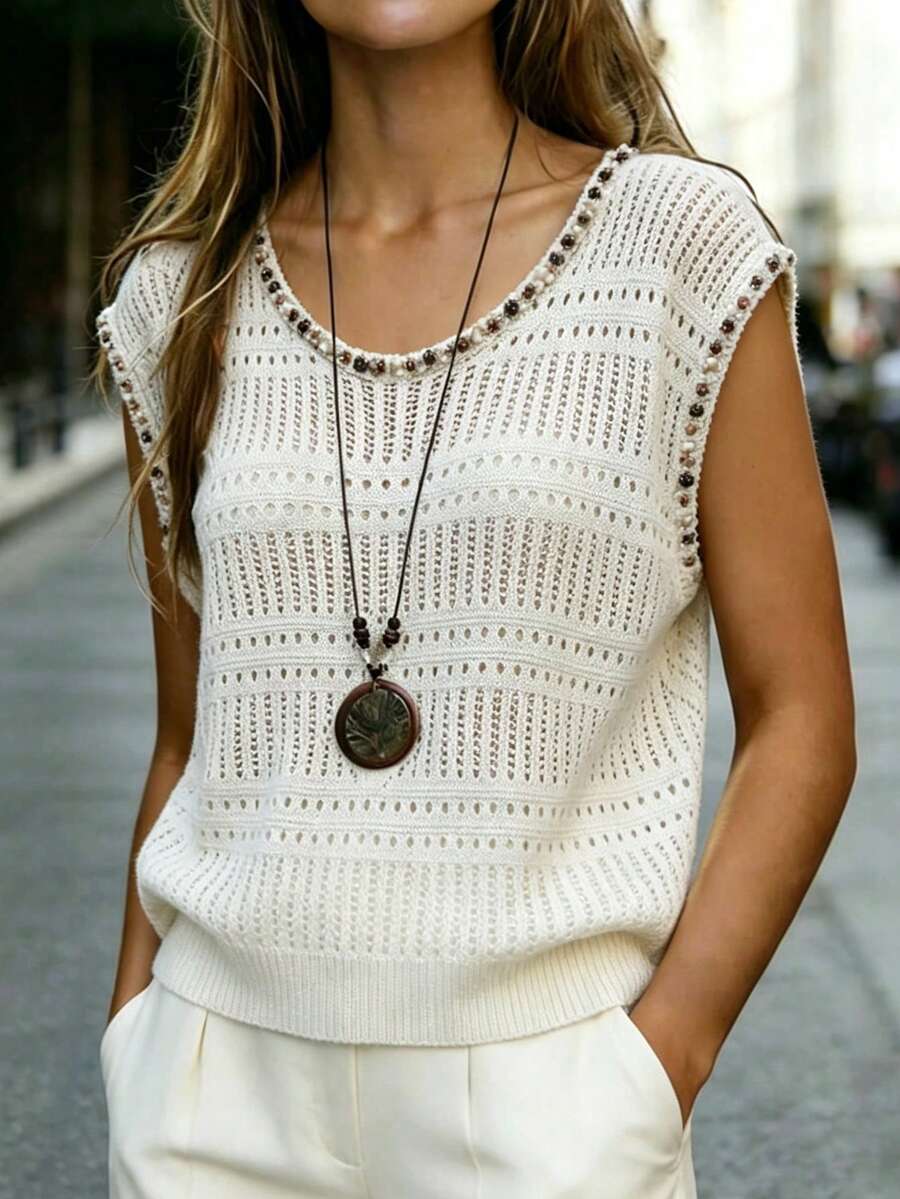 EMERY ROSE ملابس علوية نسائية عصرية متعددة الاستخدامات مصنوعة يدويًا مزينة بالخرز والدانتيل برقبة دائرية وتصميم مفرغ من الصوف المحبوك - بيج - مشاهدة 1
