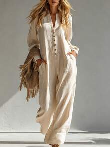 LUMIGAL Ladies Woven Holiday Casual Fall Long Jumpsuit - Apricot - View 2