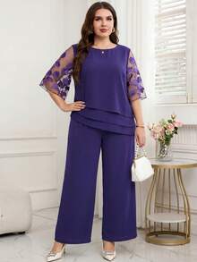 Reflora Plus Size Women's Floral Embroidered Pattern Mesh Patchwork Top And Pants Casual Elegant Traditional Business Dinner Mother Of The Bride 2-Piece Set - Purple - View 1